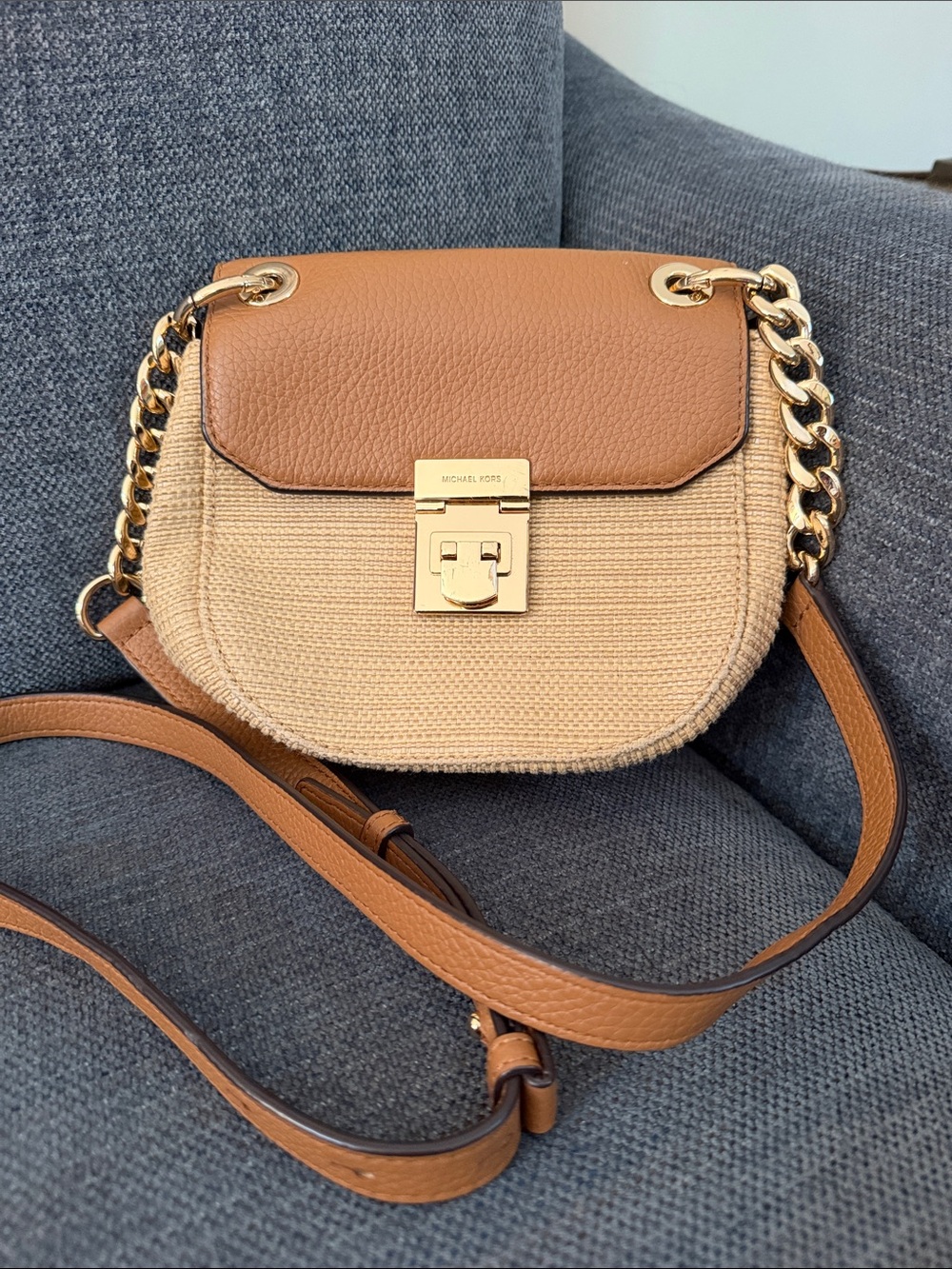 Michael Kors Tan & Natural Woven Crossbody with Gold Chain